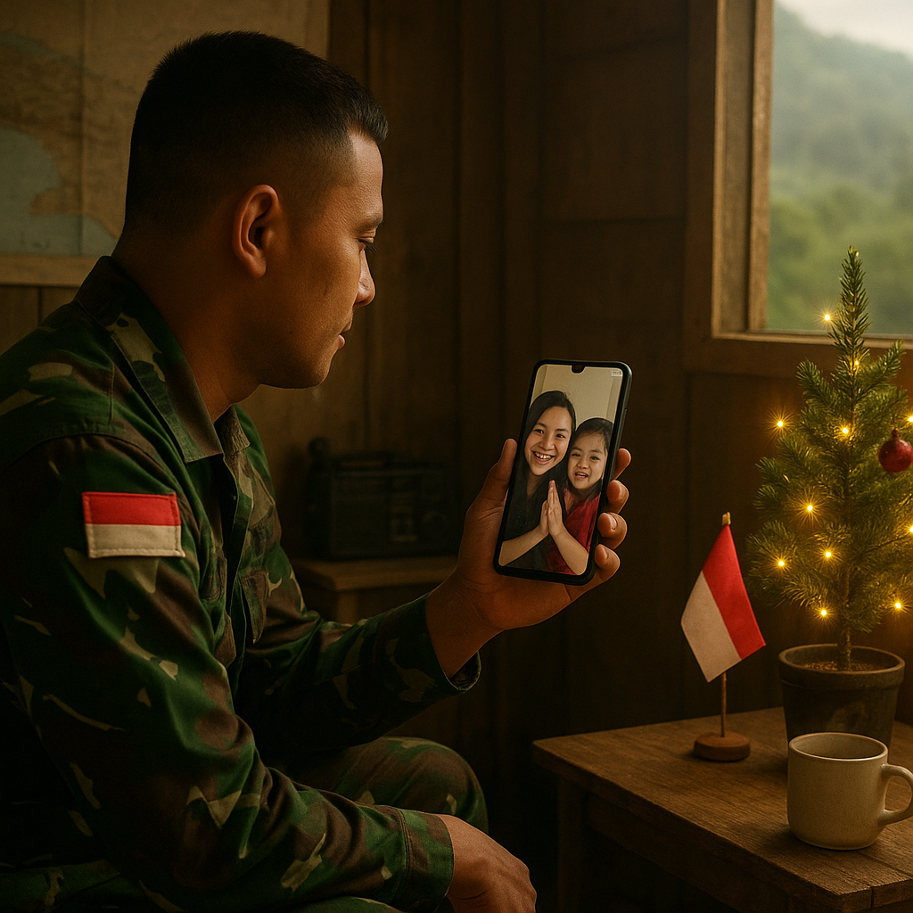 Natal di Pos Perbatasan: Prajurit TNI AD dan Keluarga Rayakan via Video Call Bersama Pohon Pinus Kerdil