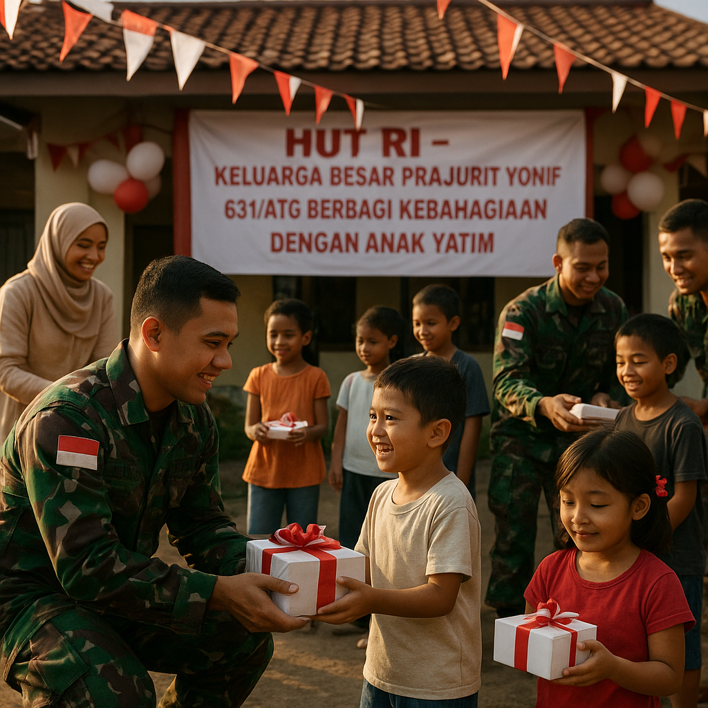 Keluarga Besar Prajurit Yonif 631/Atg Berbagi Kebahagiaan dengan Anak Yatim Peringati HUT RI