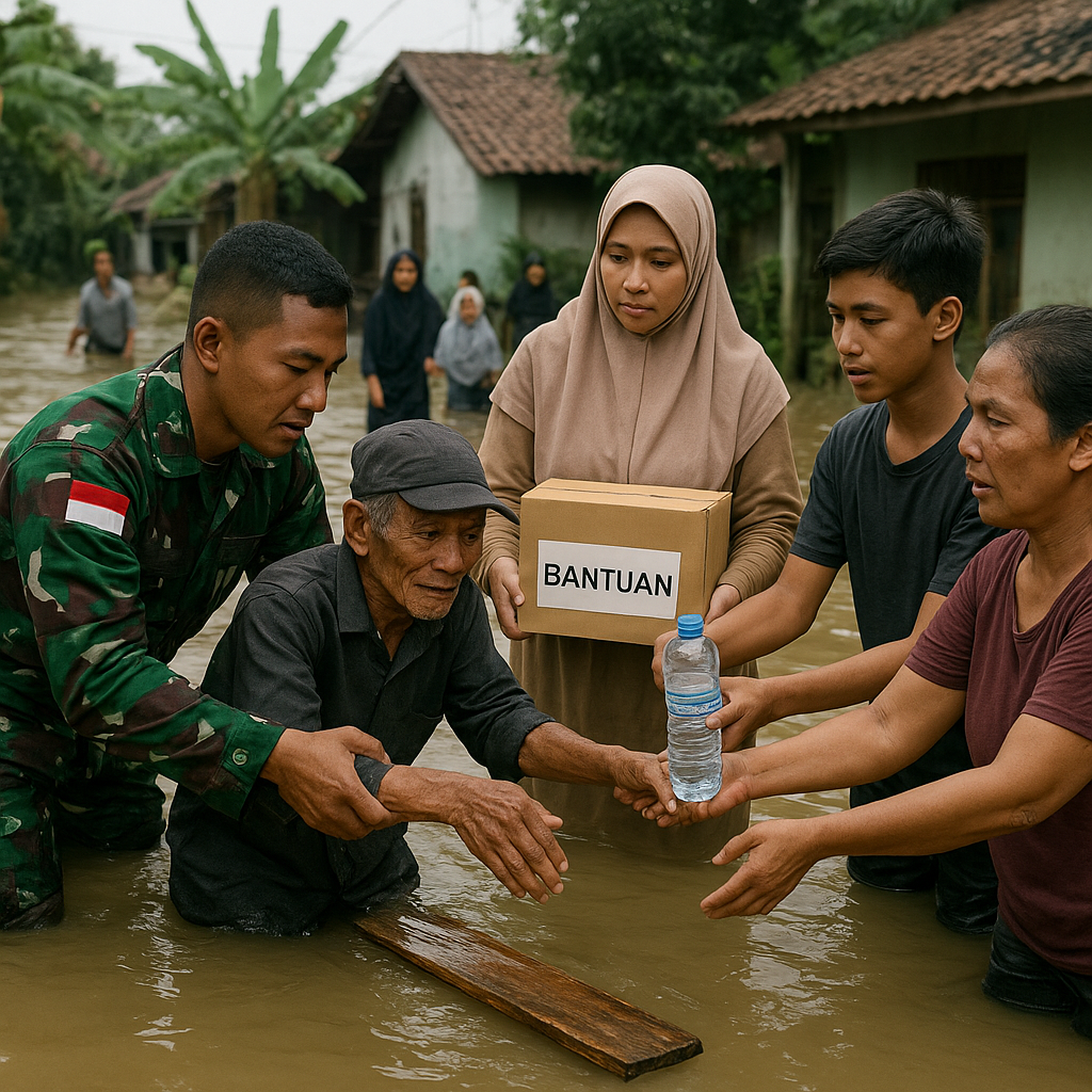 Kisah Haru: Prajurit TNI AD Bantu Warga Terdampak Banjir bersama Keluarga