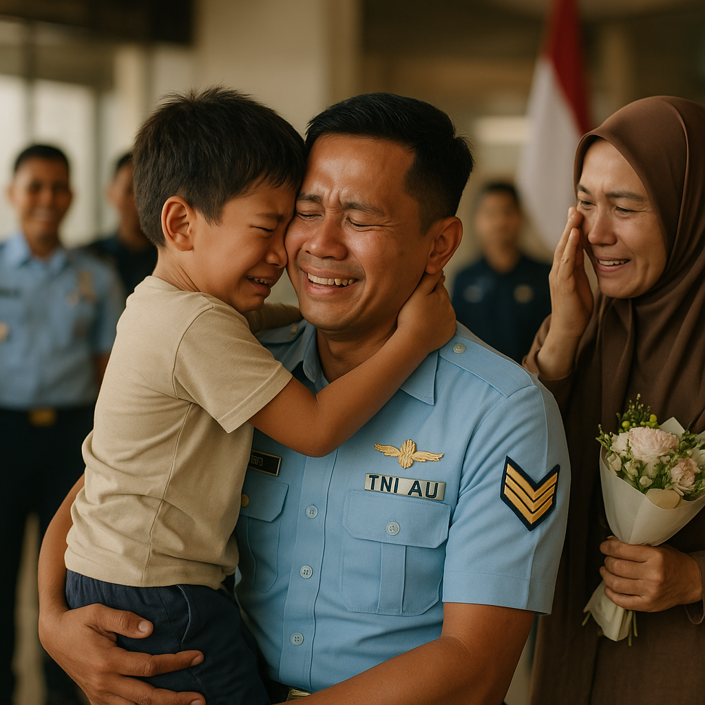 Reuni Haru Anak Prajurit TNI AU dengan Ayahnya Setelah 10 Bulan Bertugas di Luar Negeri