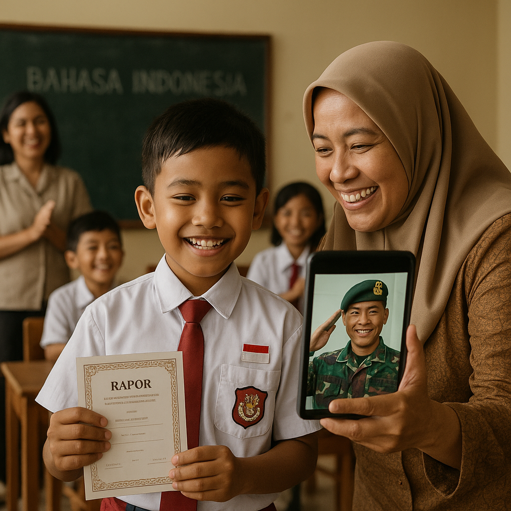 Video Call di Medan Tugas: Prajurit TNI AD Menyaksikan Anaknya Naik Kelas Secara Virtual