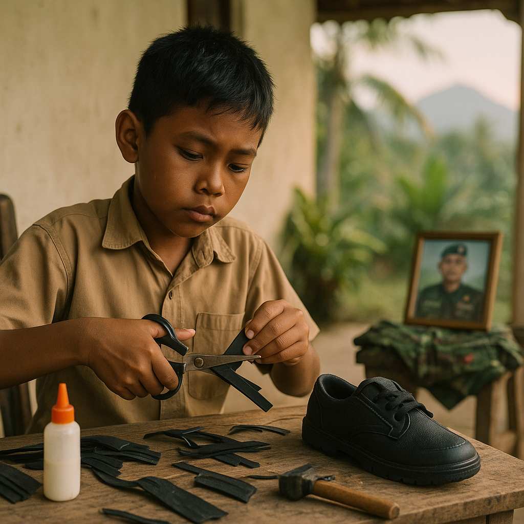 Sepatu Sekolah dari Bapak: Anak Prajurit TNI AD di Lombok Membuat Sepatu dari Karet Ban Bekas Latihan